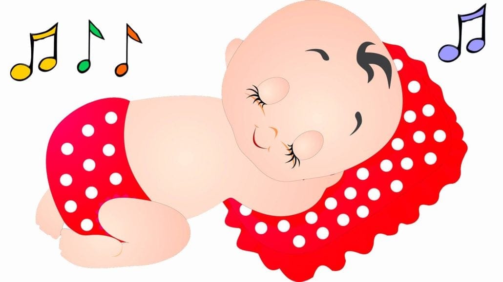 Bebê dormindo com eve em sonho, cercado por notas musicais coloridas, representando criatividade e musicalidade na educação infantil.