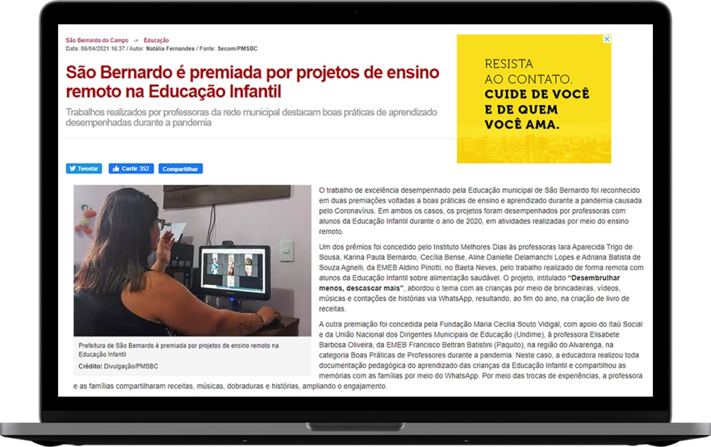 clipagemDE registra premiação por projetos de ensino remoto na educação infantil em São Bernardo do Campo