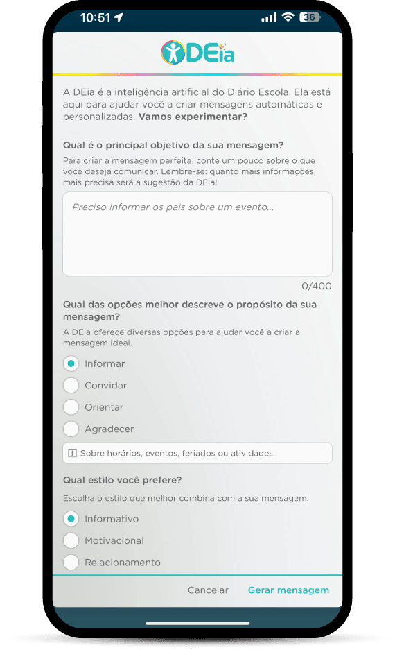 Diario escola inteligência artificial interface de criação de mensagens personalizadas para comunicação escolar otimização SEO.