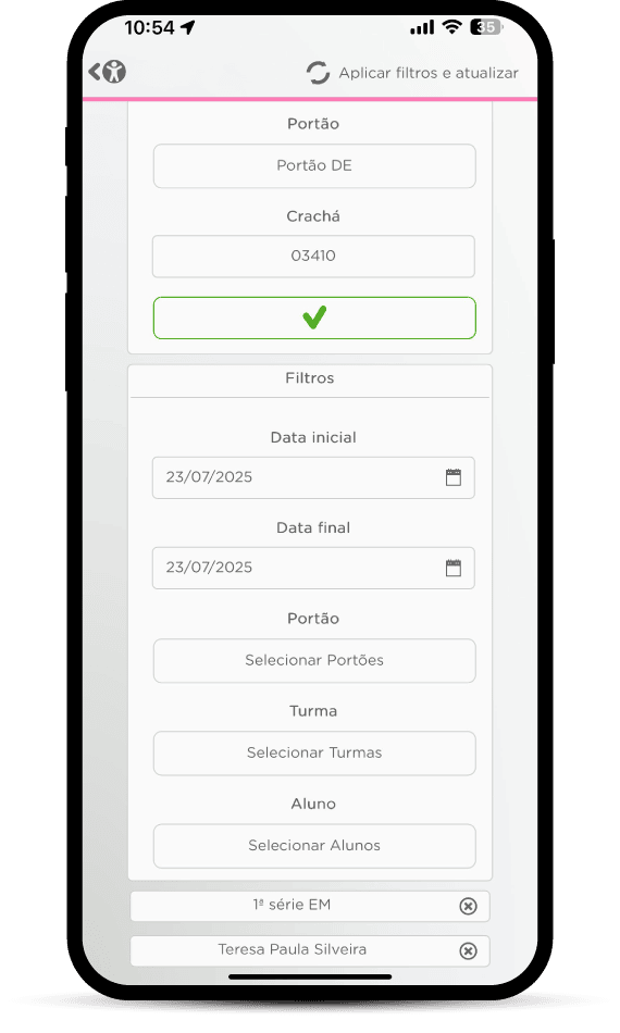 Portão escolar digital da Diário Escola com opções de filtros para controlar o acesso de alunos e turmas, garantindo segurança e organização na escola.