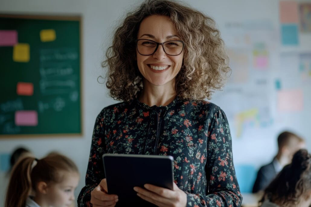 Professora feliz segurando tablet em sala de aula, com alunos ao fundo, ambiente escolar de ensino, foco em educação, tecnologia na educação, ensino de qualidade, Diário Escola, conteúdo educativo, am.