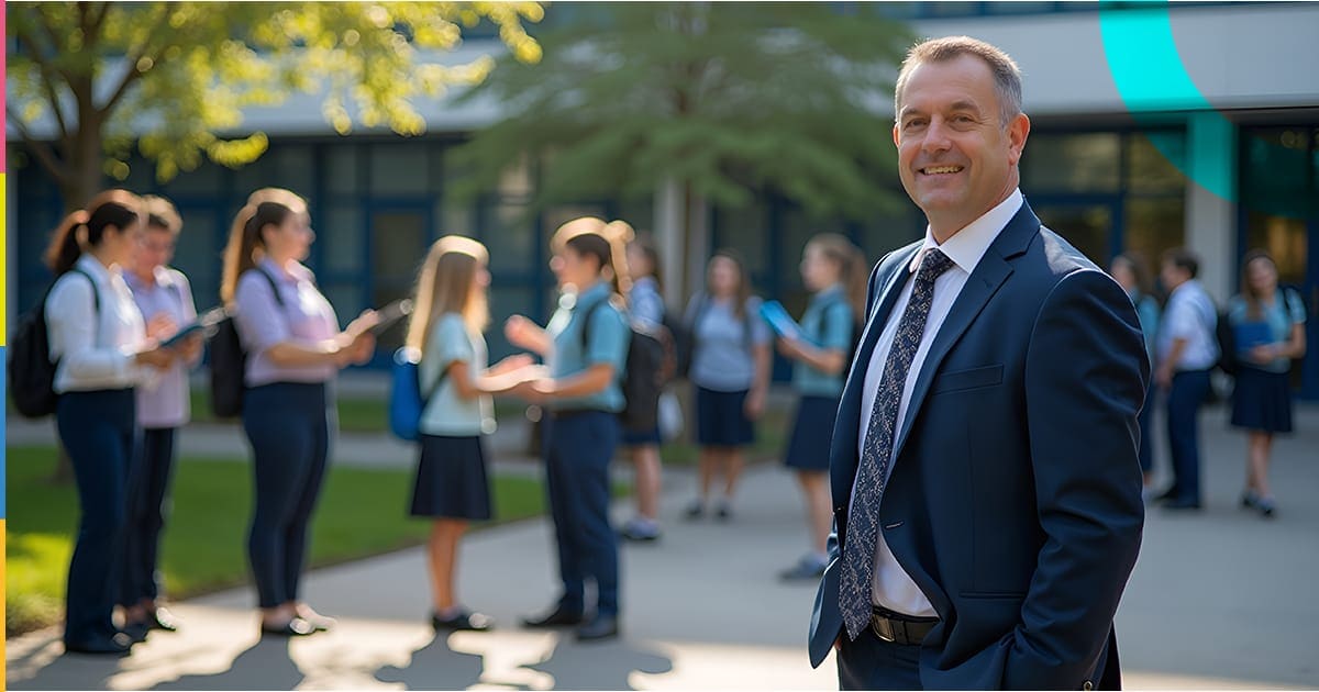 Homem de terno sorridente ao lado de estudantes em uniforme escolar no pátio de escola, promovendo ambiente de aprendizado e liderança educacional.