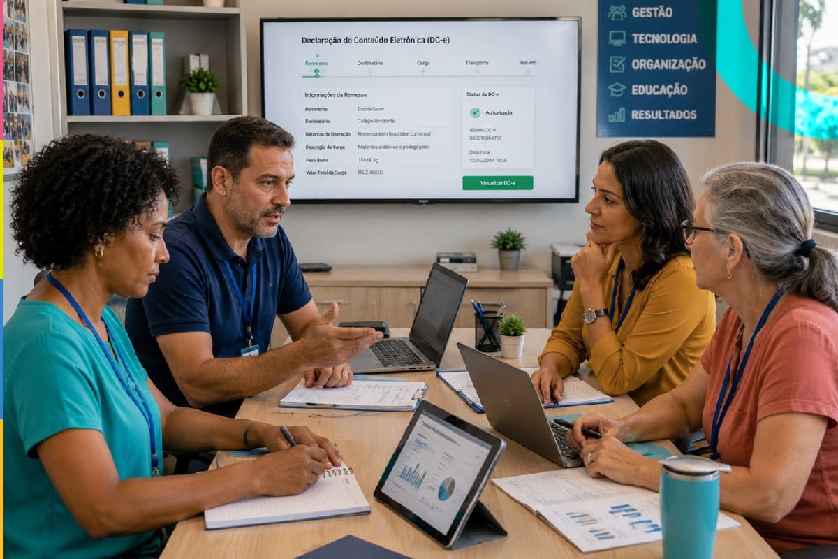 Equipe de professores e gestores discutindo planos e estratégias na sala de reunião da escola Diário Escola