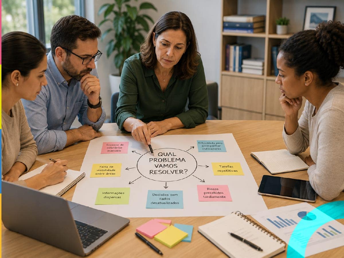 Diretora e gestores escolares discutindo a solução de problemas escolares em sala de reunião.