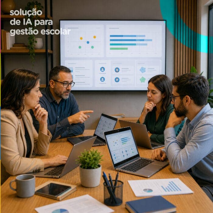 Lideranças escolares avaliam critérios para escolher uma solução de IA para gestão escolar em uma reunião.