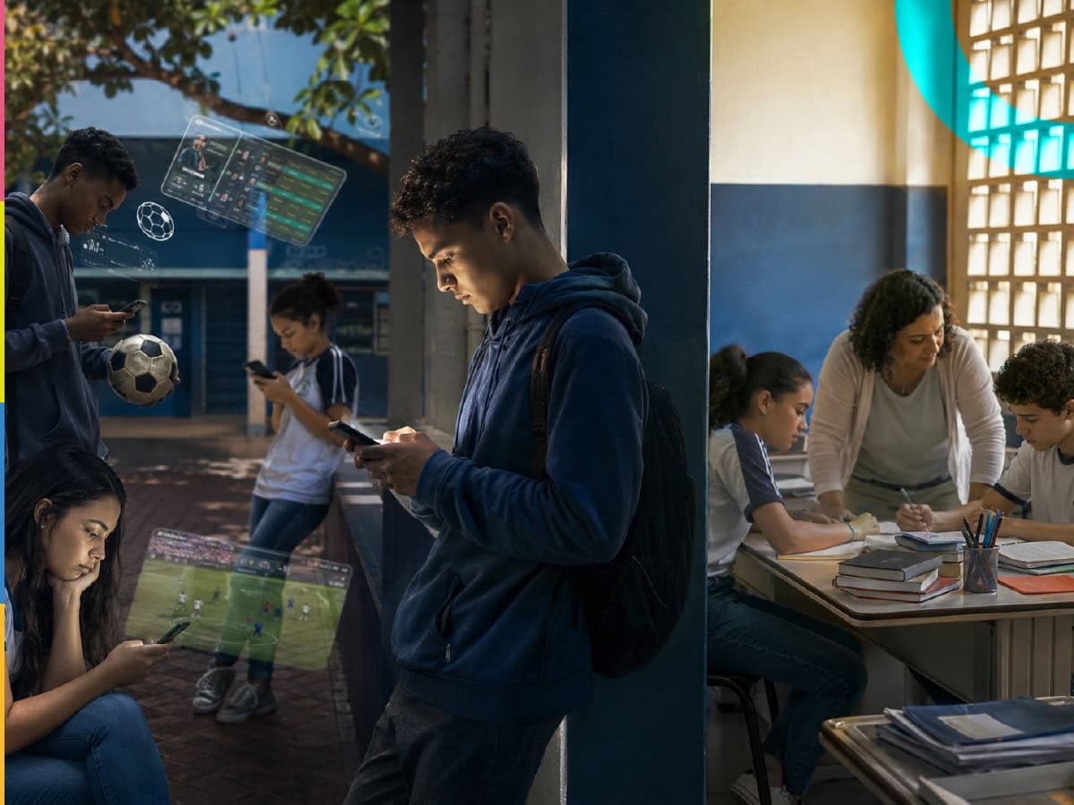 Estudantes adolescentes usando dispositivos móveis e tecnologia digital para apostar.