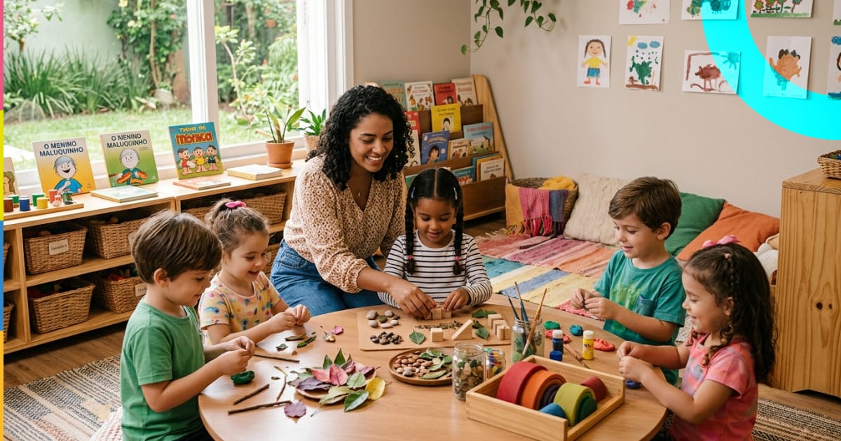 Inovação na Educação Infantil: professora e crianças realizando atividades educativas na sala de aula com livros e materiais didáticos.
