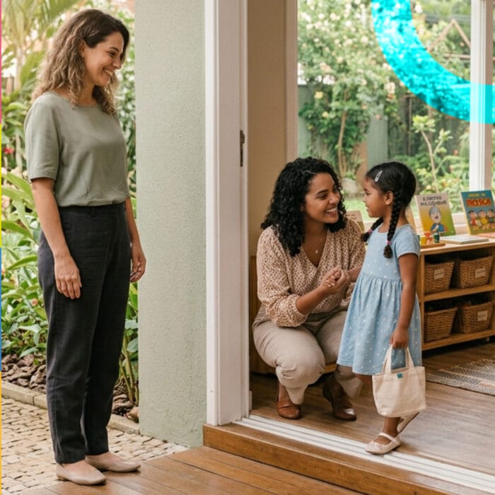 Inovação na Educação Infantil: mãe e filha na escola, com professora sorridente, ambiente acolhedor e educativo, promovendo aprendizado e conexão entre família e escola.