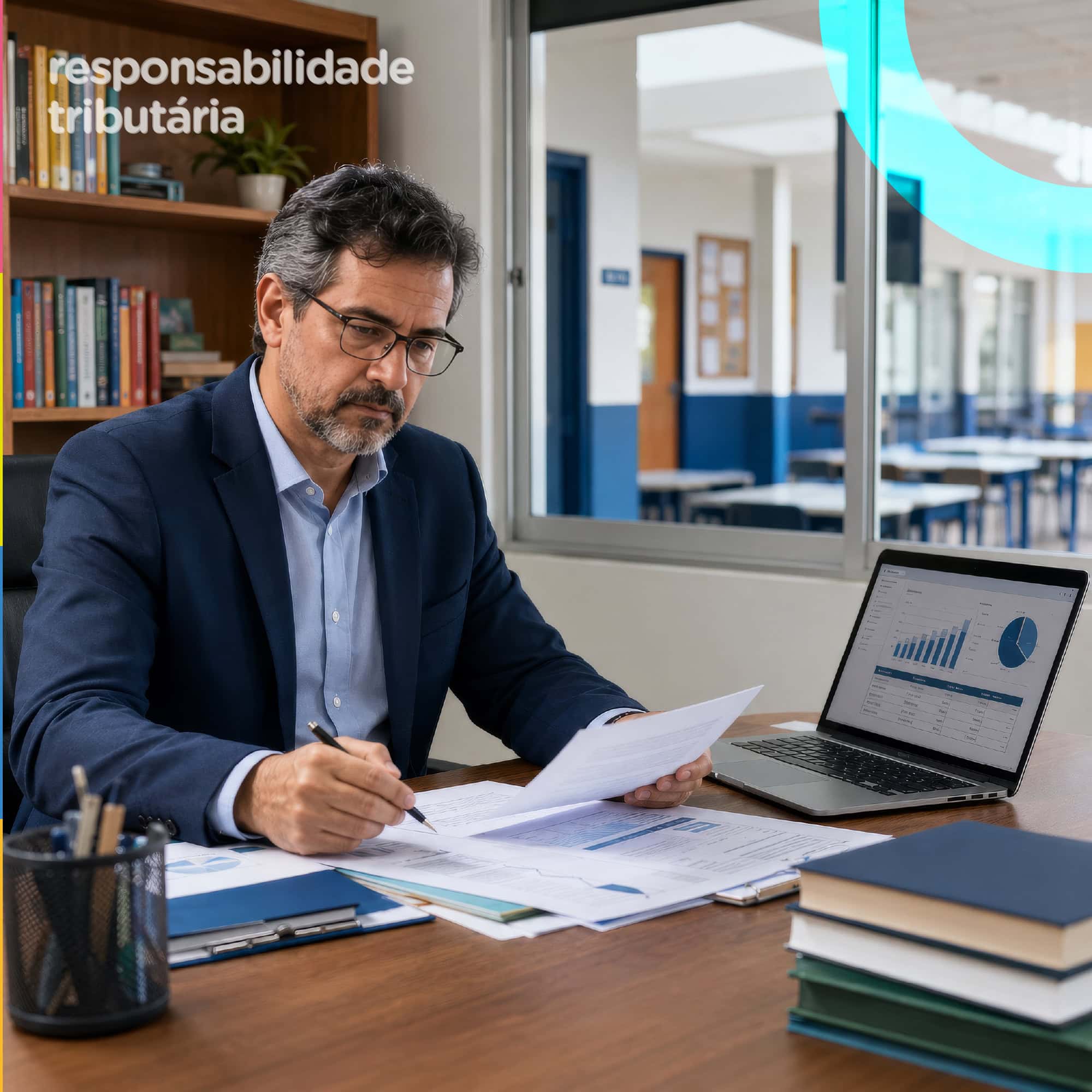 Diretor de escola revisando documentos e a responsabilidade pessoal do gestor escolar na reforma tributária.