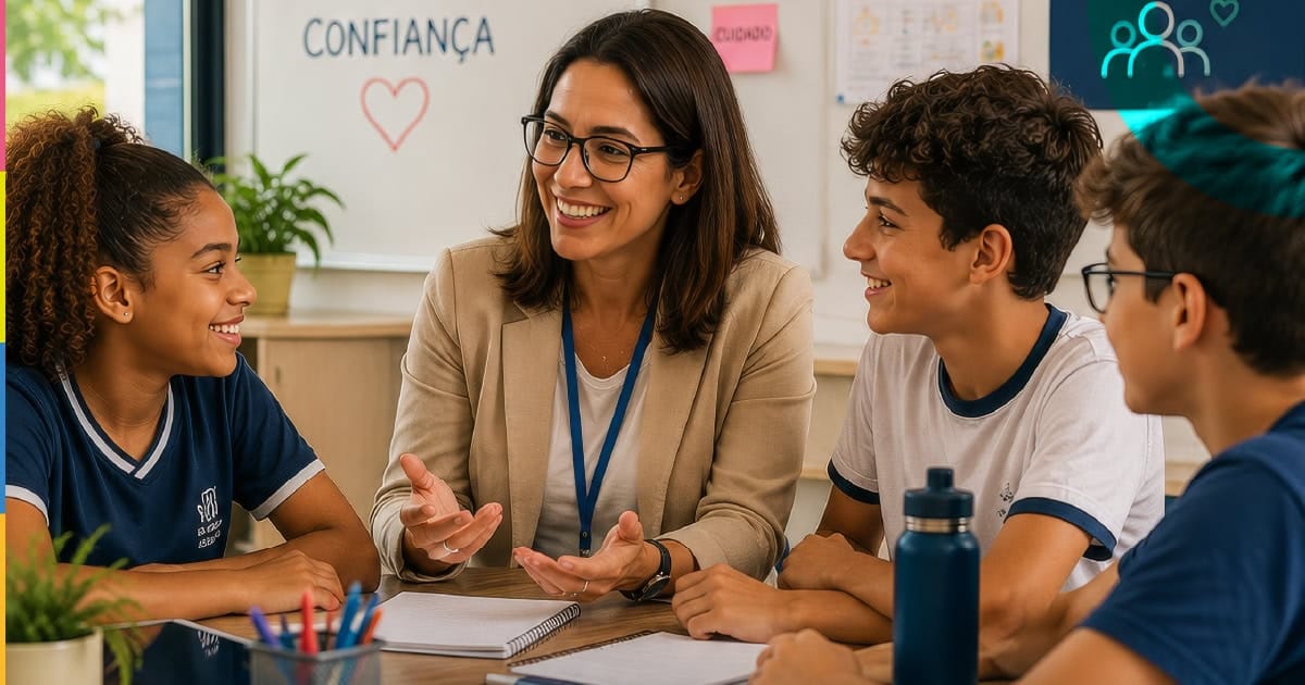 Professores e alunos em um ambiente escolar de bem-estar