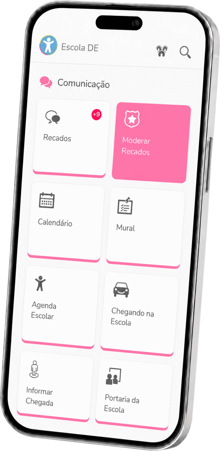 Tela do aplicativo Diário Escola exibindo opções de comunicação, recados, calendário, mural, agenda escolar, chegada na escola, informações de chegada e portaria.