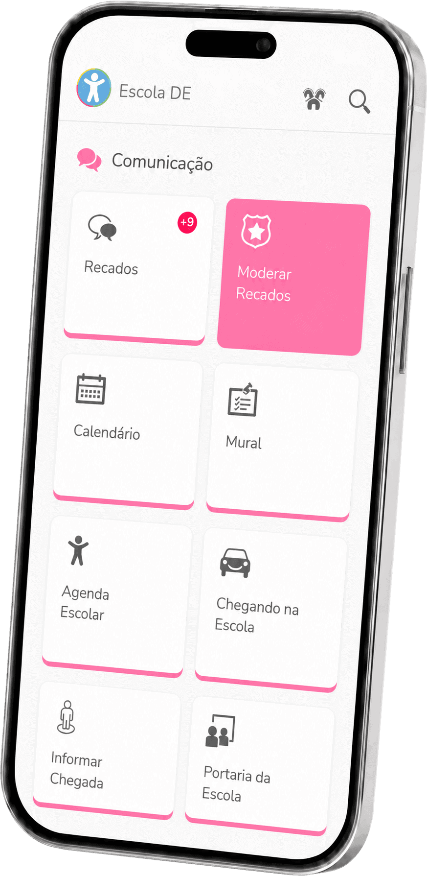 Tela do aplicativo Diário Escola exibindo opções de comunicação, recados, calendário, mural, agenda escolar, chegada na escola, informações de chegada e portaria.