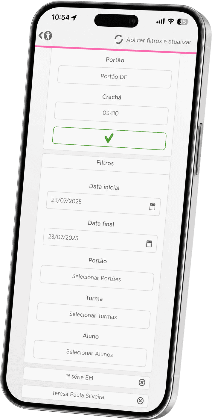 Tela de aplicativo móvel exibindo formulário de controle de portões, filtros e turmas para gestão escolar eficiente.