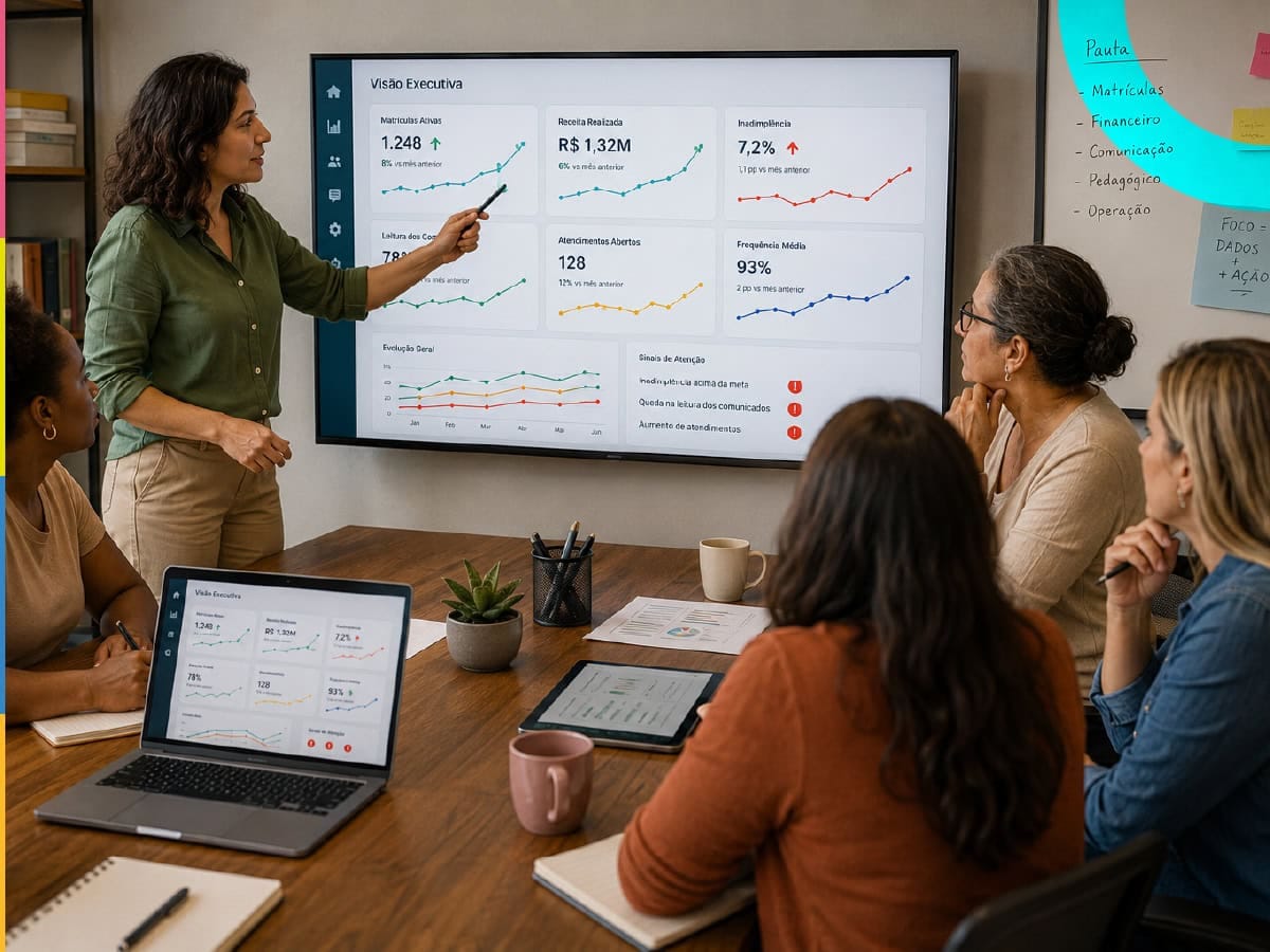 Diretora apresentando gráficos de desempenho do dashboard escolar em uma reunião de equipe com colegas atentos.