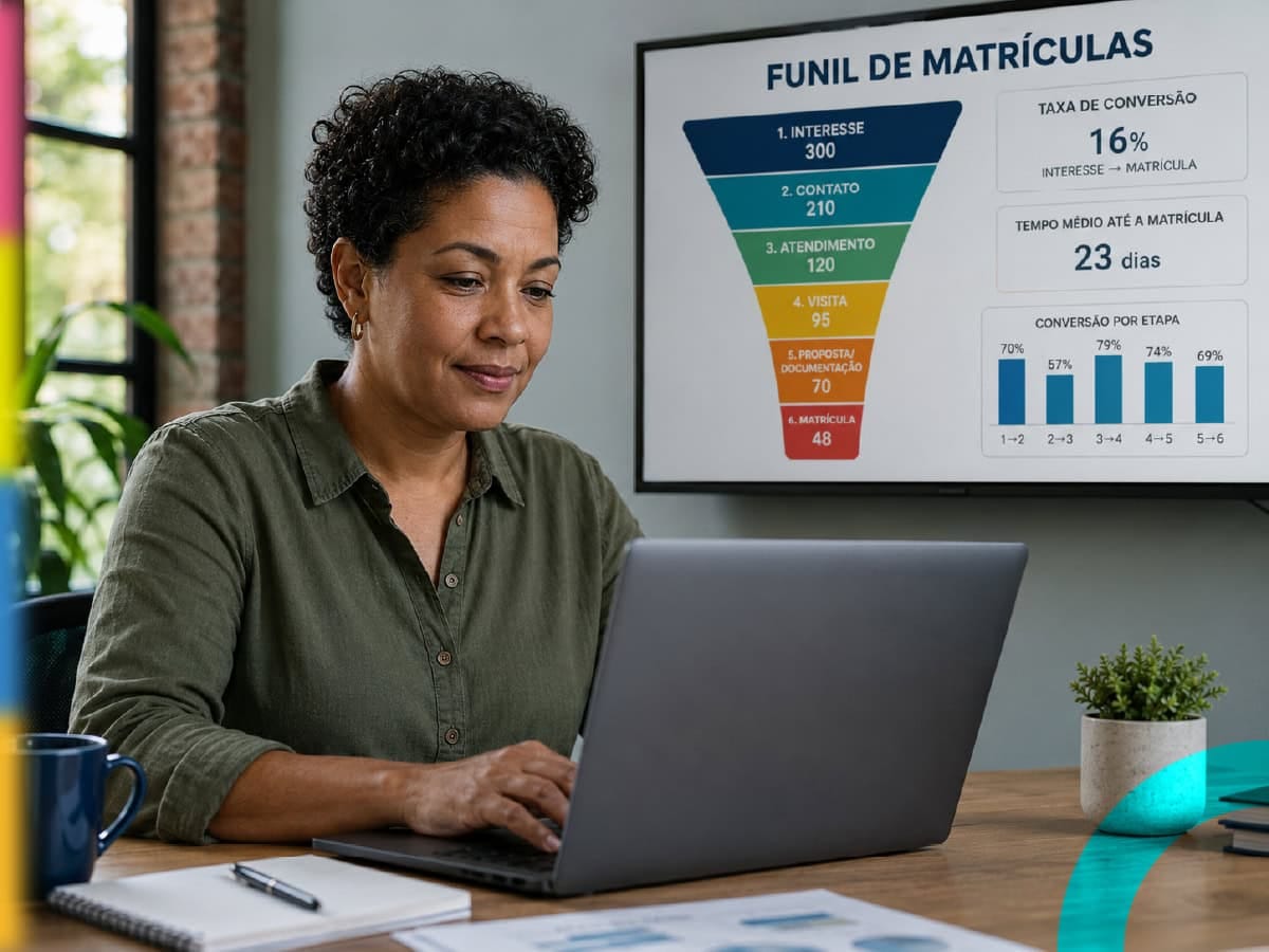 Diretora analisando dados de matrícula escolar em laptop com gráfico de funil de matrículas ao fundo.