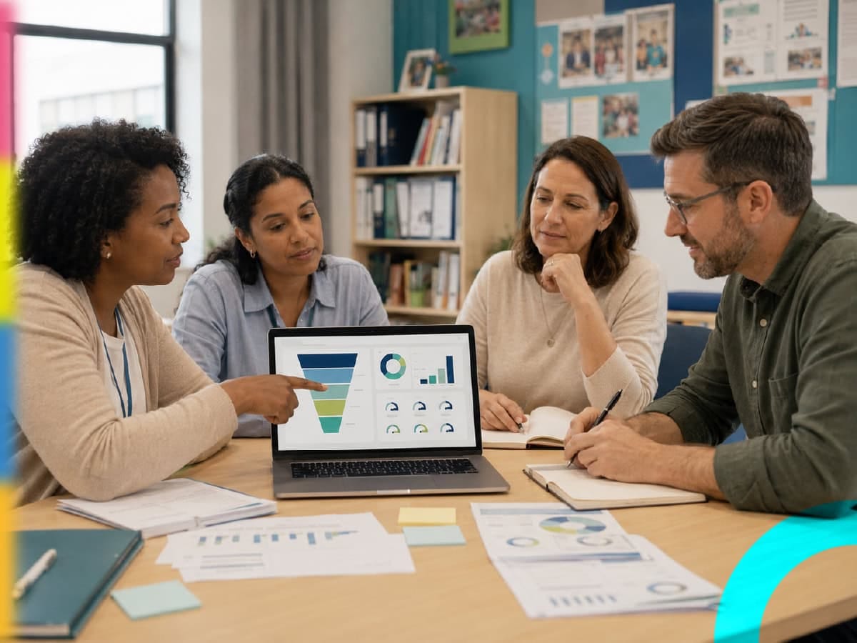 Grupo de professores e gestores escolares discutindo estratégias para o funil de matrículas em sala de reunião, com gráficos e dados no laptop.