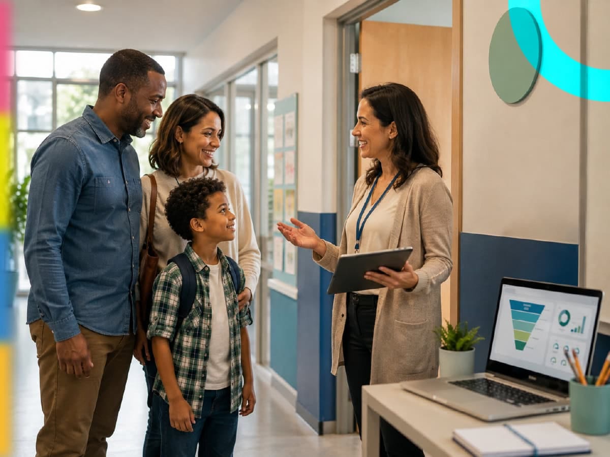 Família conversando com professora na escola, em visita à escola para discutir a possibilidade de matricular o filho, uma das etapas do funil de matrículas escolar.