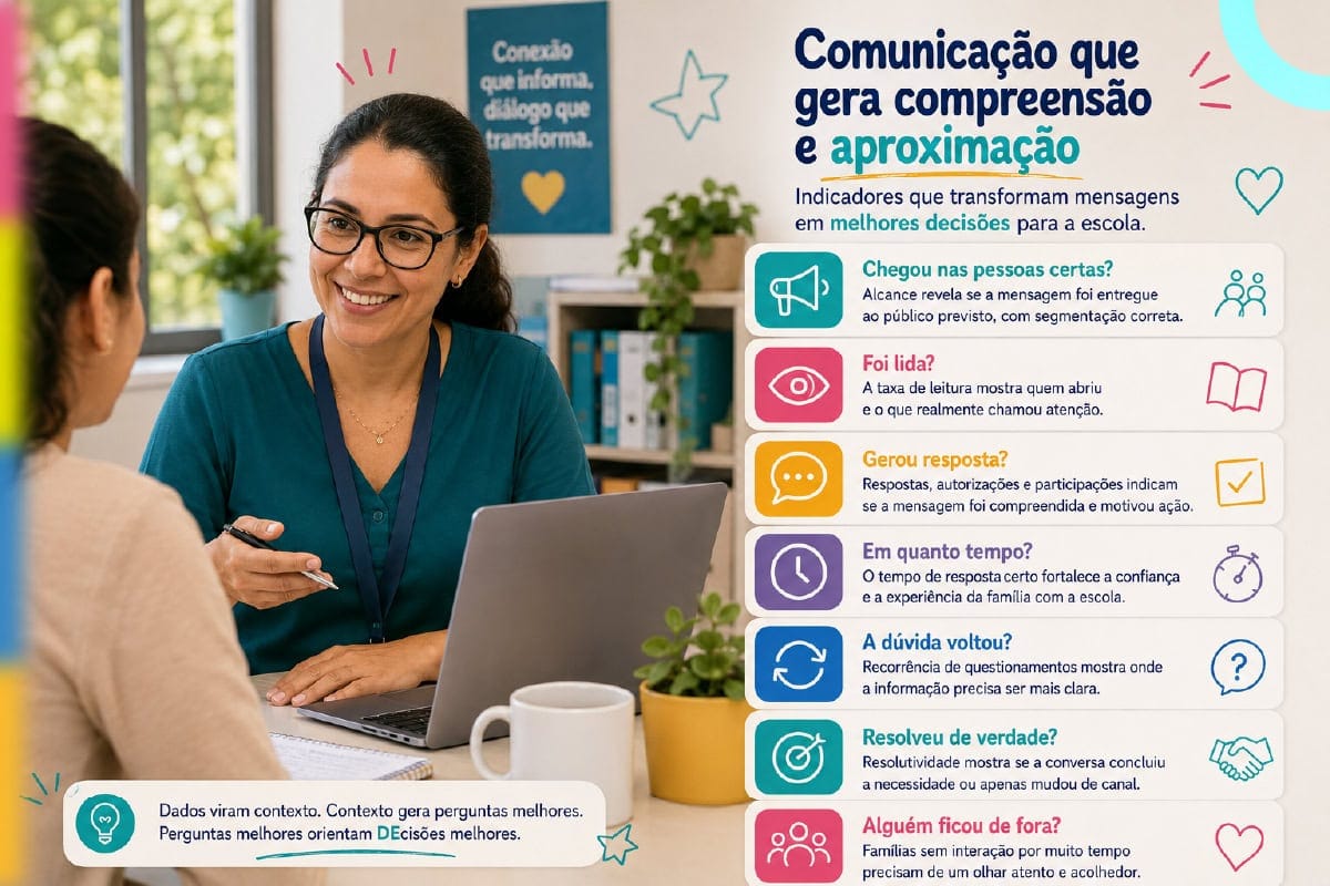 Gestora acompanha indicadores de comunicação escolar: leitura, resposta e engajamento, em um painel.