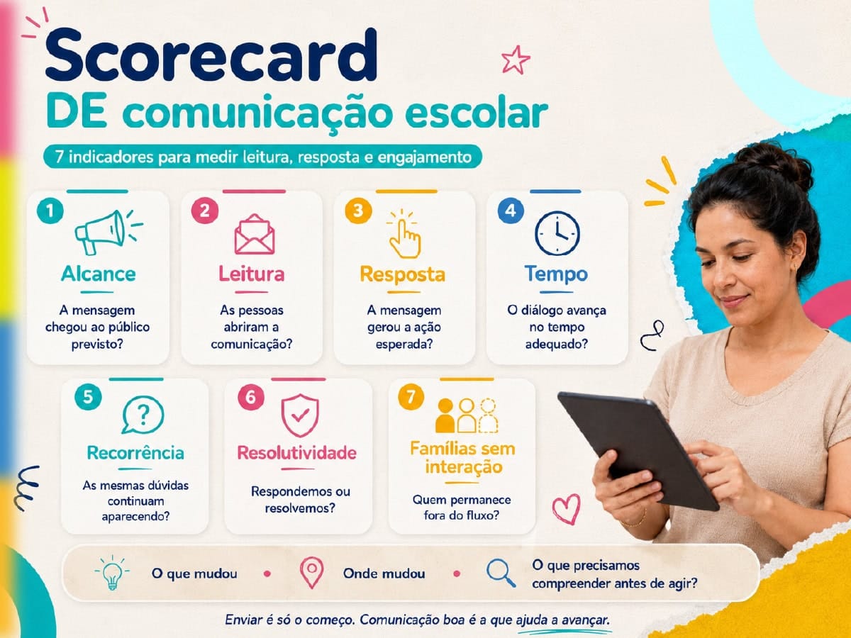 Gestora acompanha indicadores de comunicação escolar: leitura, resposta e engajamento, em um painel.