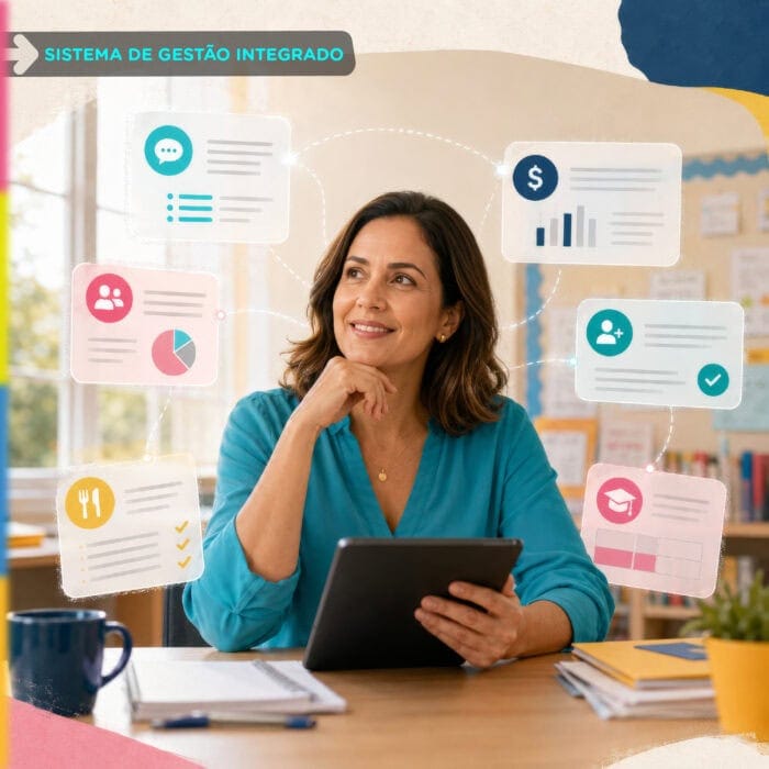 Sistema de gestão escolar integrado conectando diferentes áreas da escola
