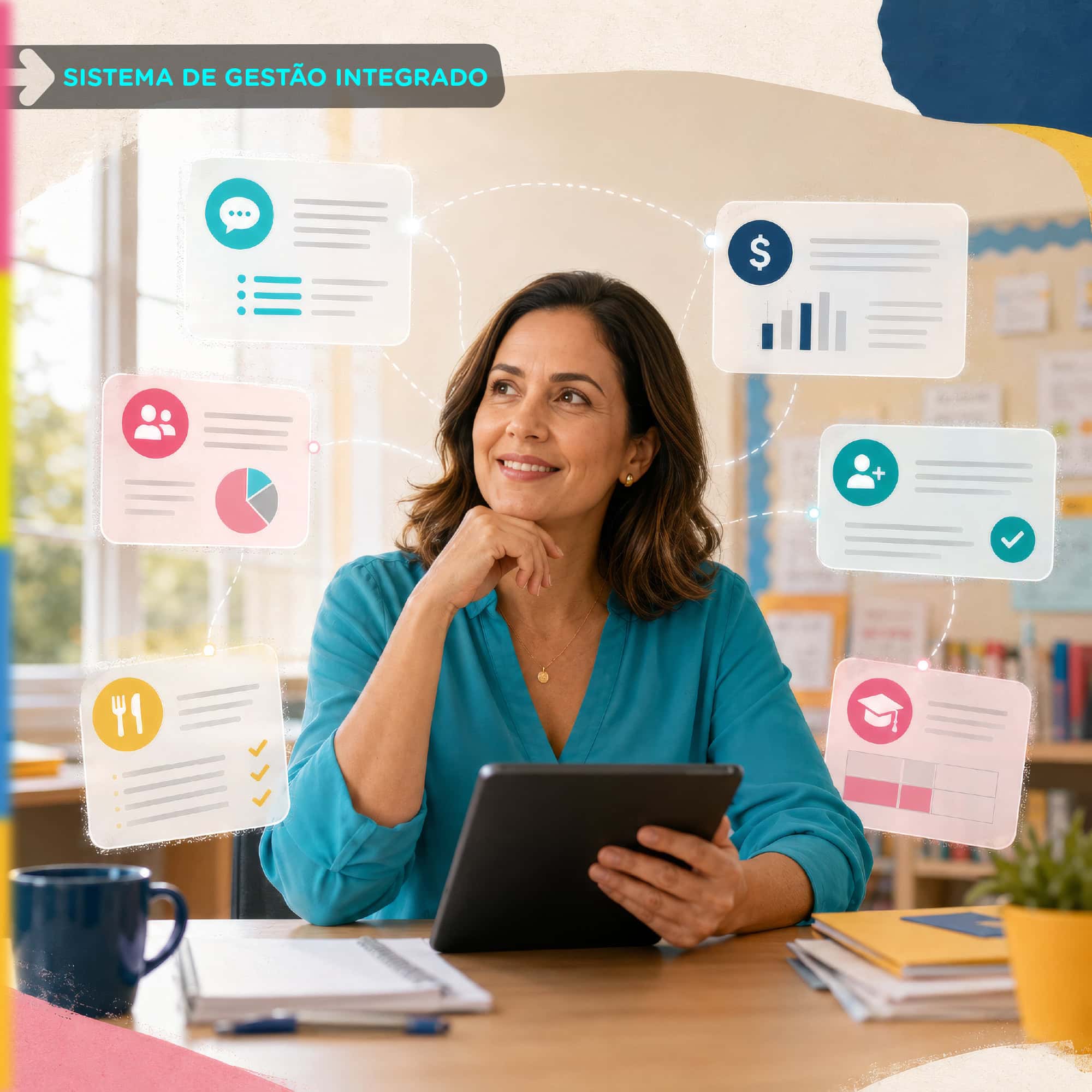 Sistema de gestão escolar integrado conectando diferentes áreas da escola