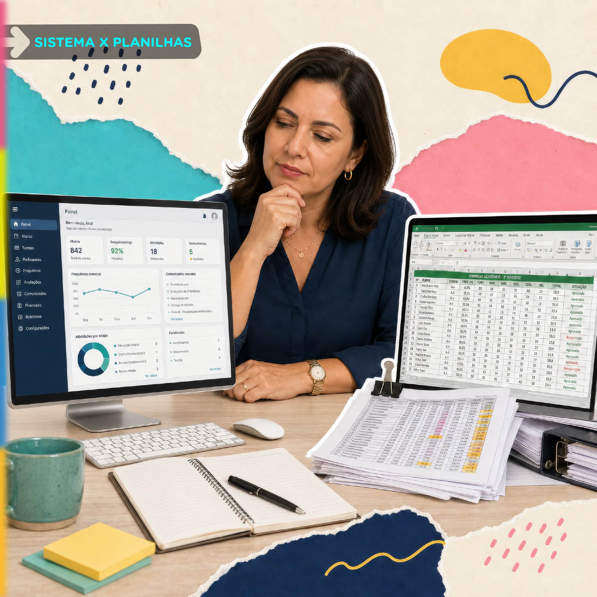 Comparação entre sistema de gestão escolar e planilhas