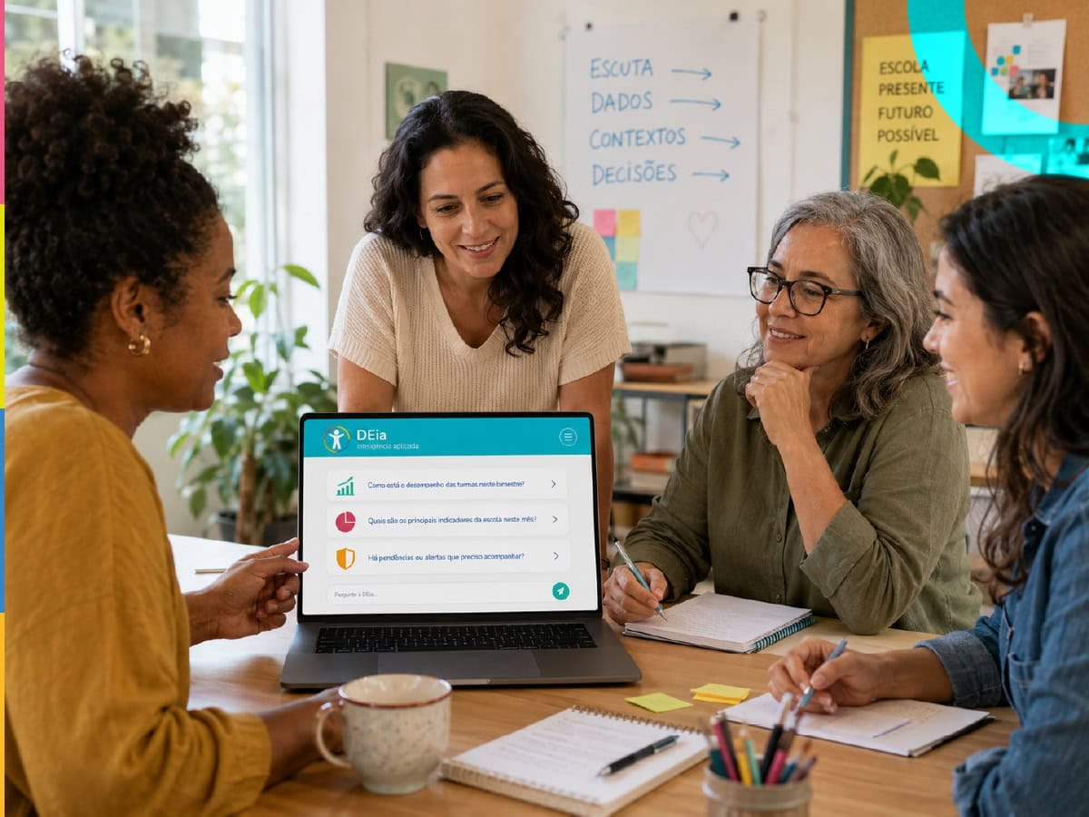 Reunião de professores e educadores discutindo estratégias de ensino na escola com uso da tecnologia de inteligência aplicada da DEia – Diário Escola inteligência aplicada.