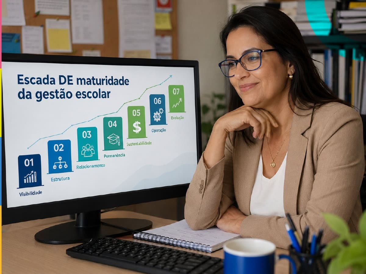 Diretora escolar analisando gráfico de gestão escolar em computador, destacando etapas de maturidade na administração educacional.