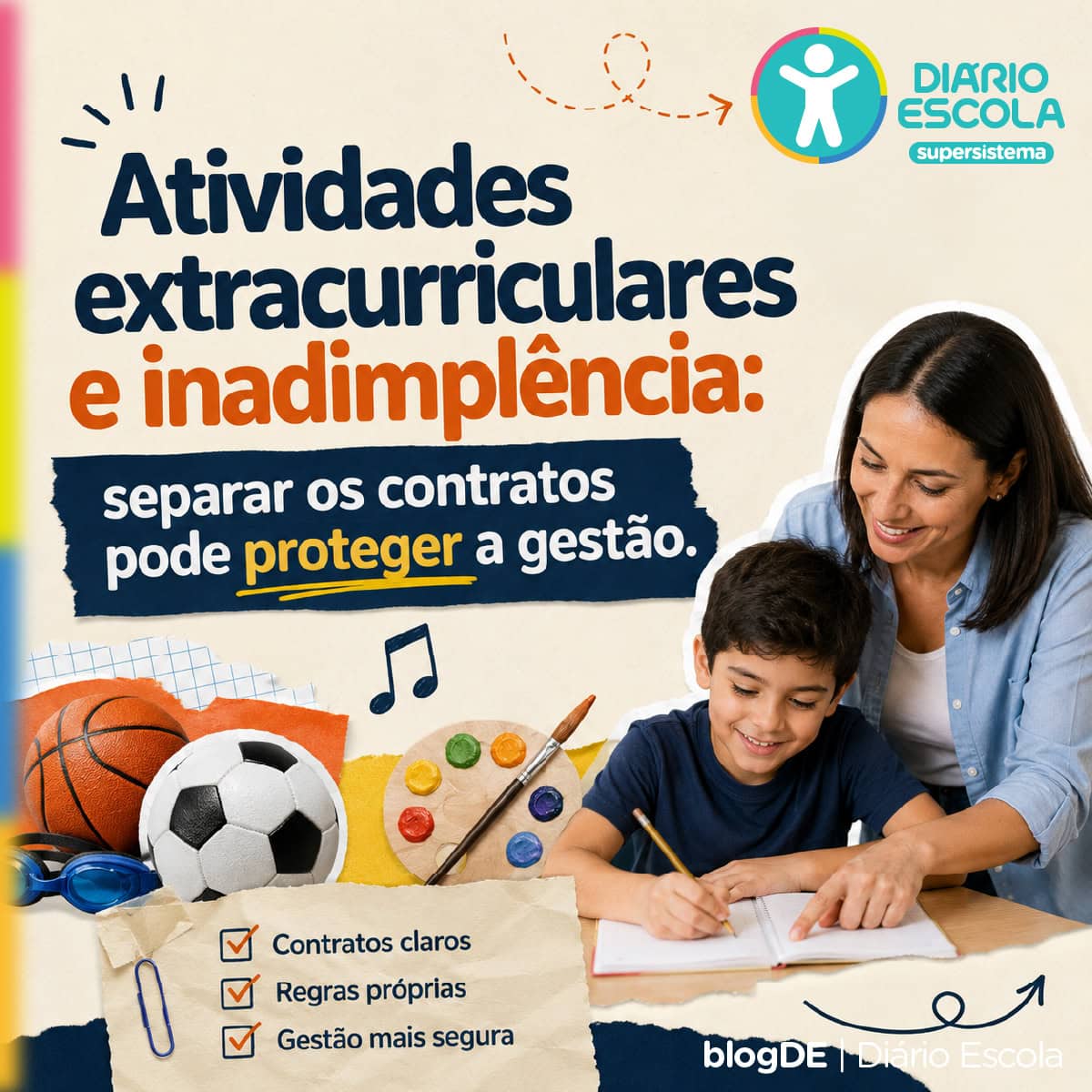 Gestão de atividades extracurriculares e controle da inadimplência escolar em contratos separados.