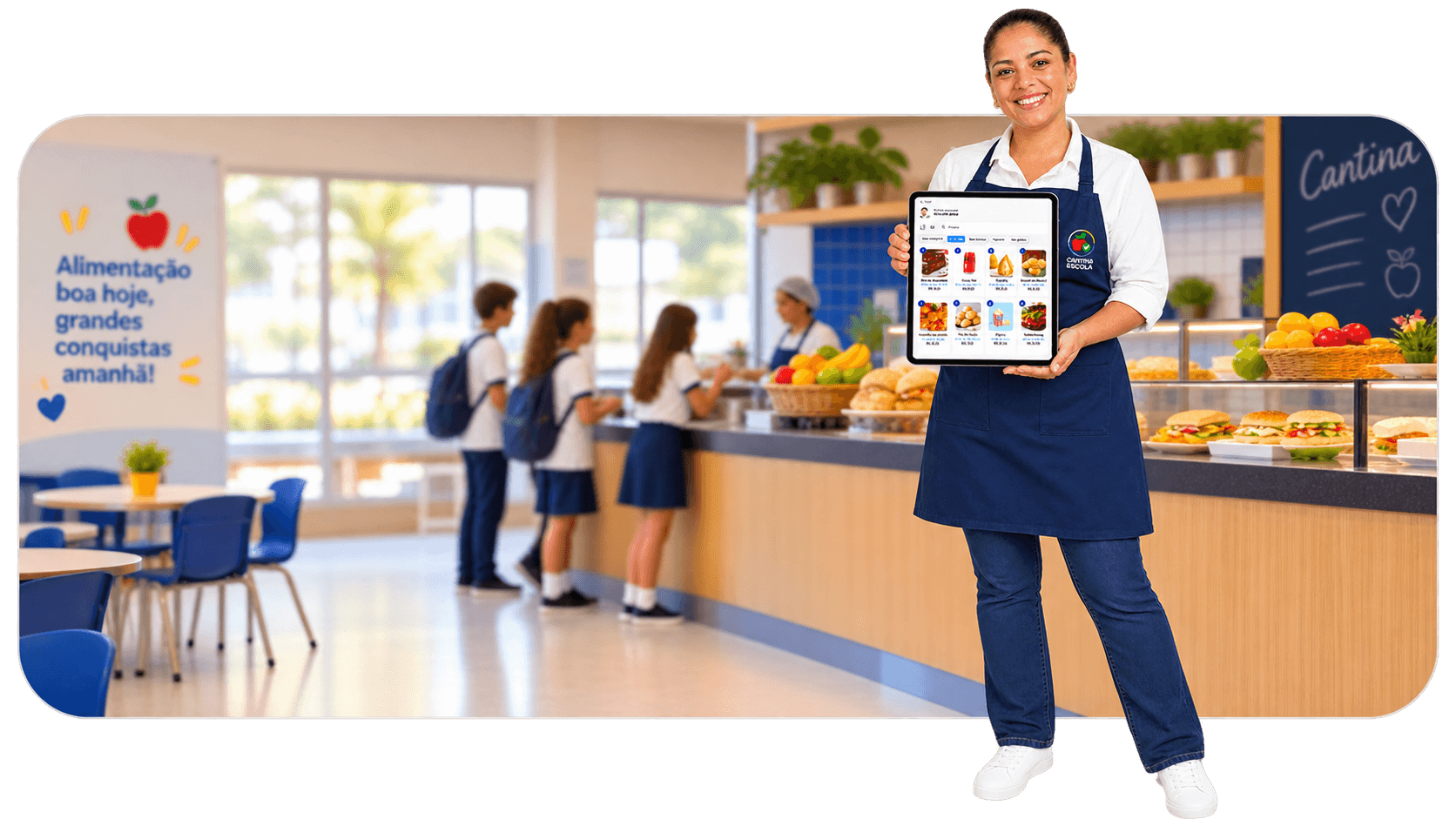 Estudante sorridente segurando tablet com alimentos na cantina escolar, ambiente bem iluminado e organizado.