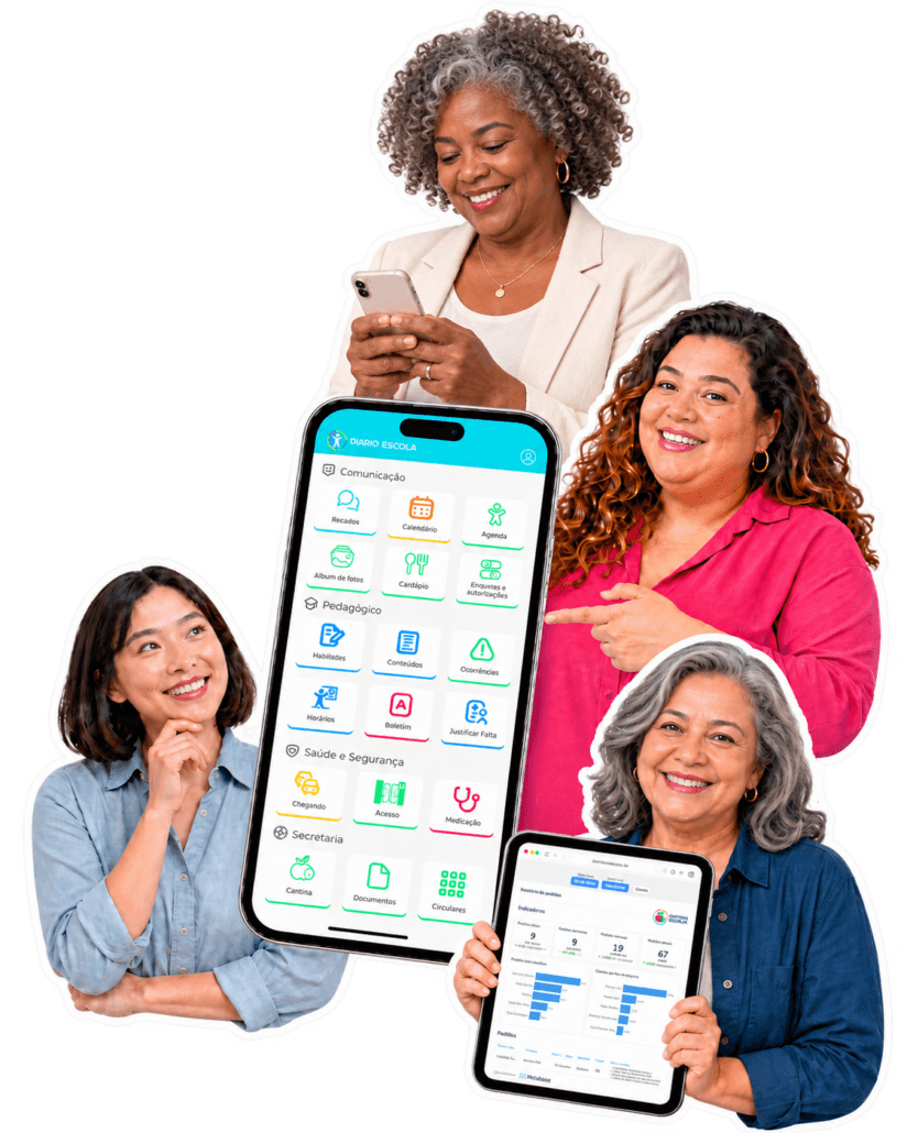 Mulheres usando aplicativo Diário Escola: educação e saúde no celular e tablet, promovendo tecnologia na escola.