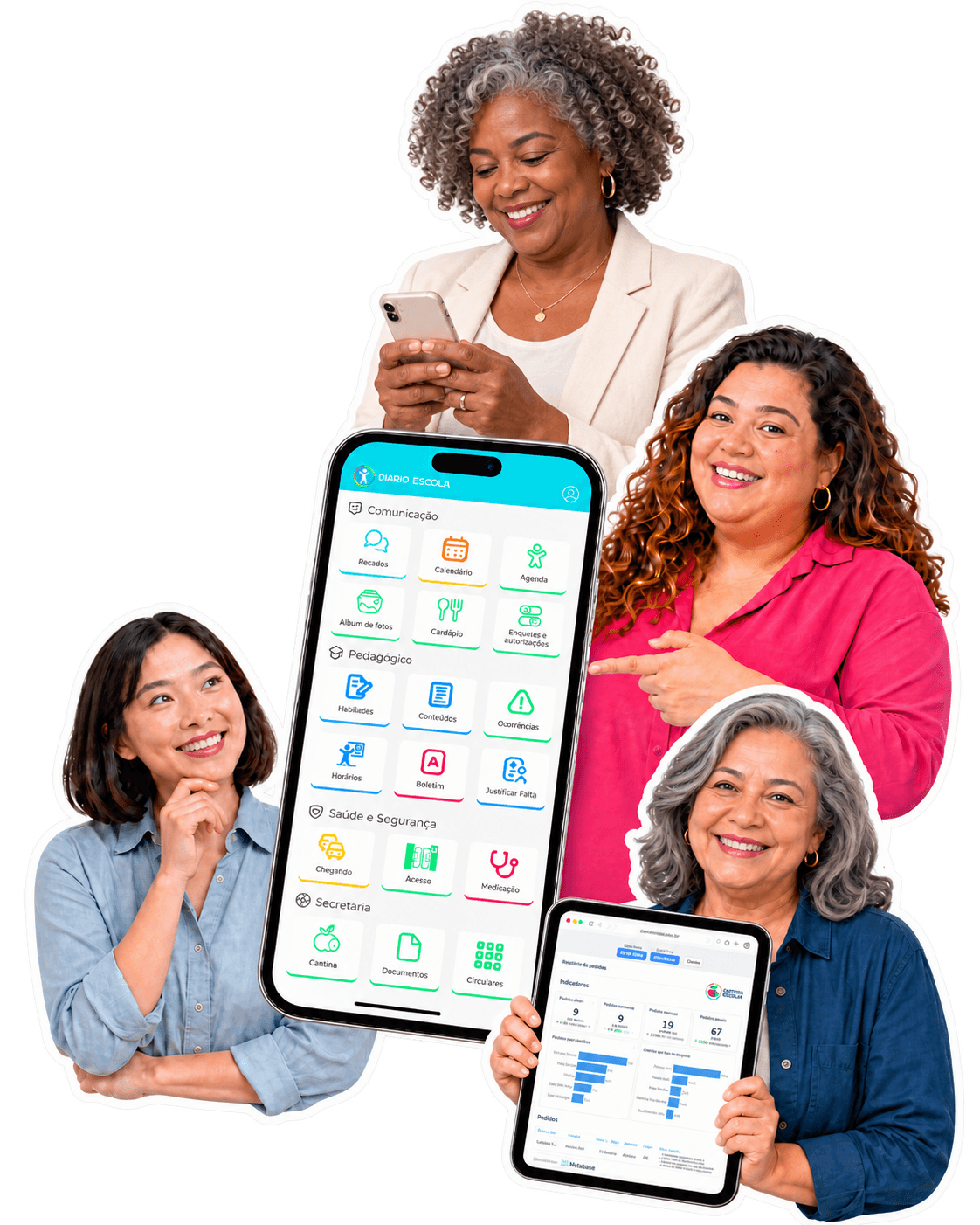 Mulheres usando aplicativo Diário Escola: educação e saúde no celular e tablet, promovendo tecnologia na escola.