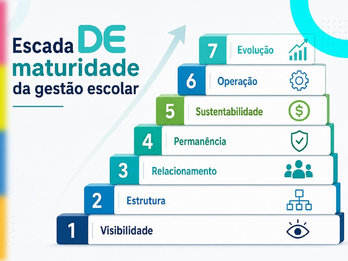 Escada DE maturidade da gestão escolar com sete níveis, incluindo visibilidade, estrutura, relacionamento, permanência, sustentabilidade, operação e evolução.