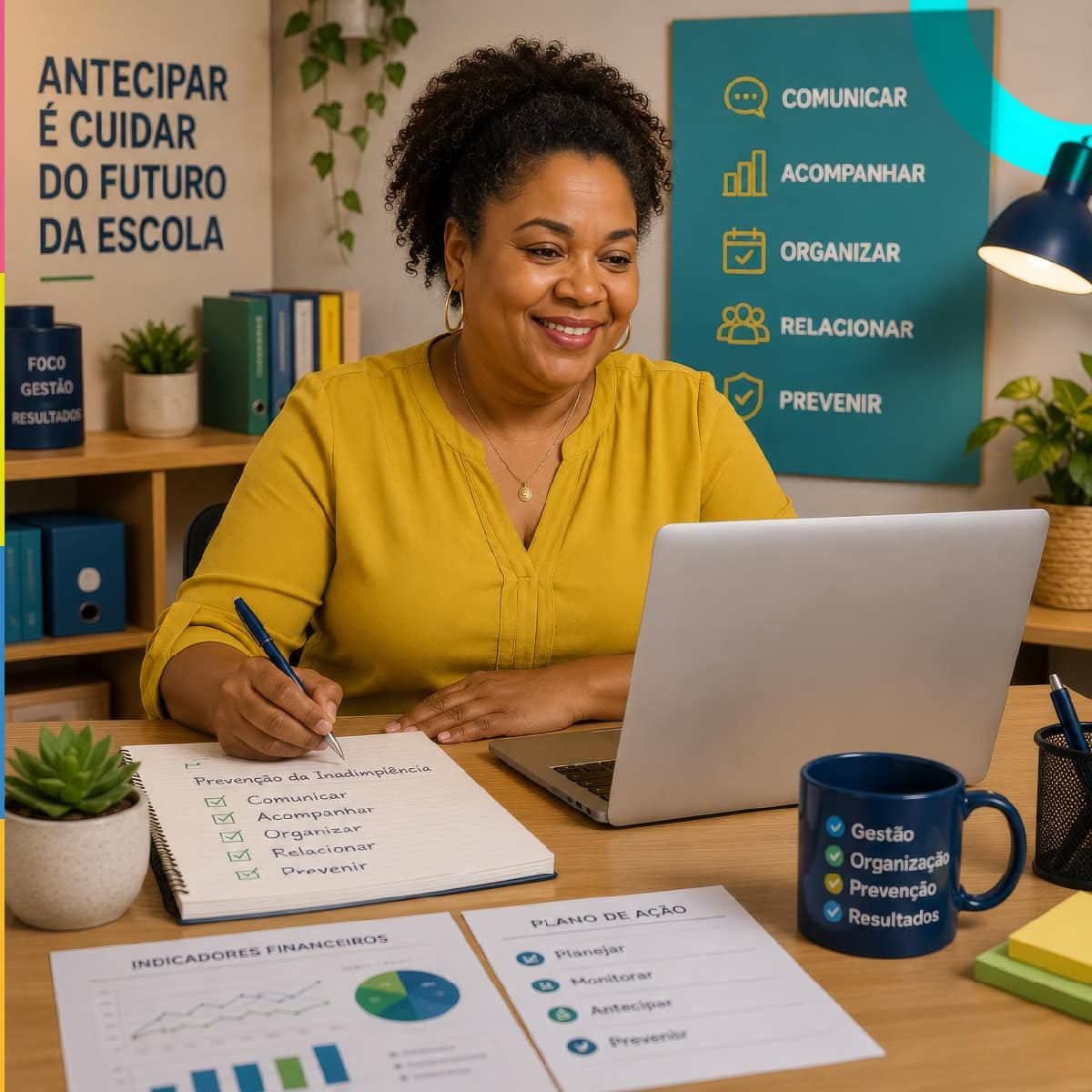 Diretora escolar usando laptop em ambiente de escola, com materiais de planejamento e cartazes de gestão escolar ao fundo, trabalhando para prevenir a inadimplência escolar.