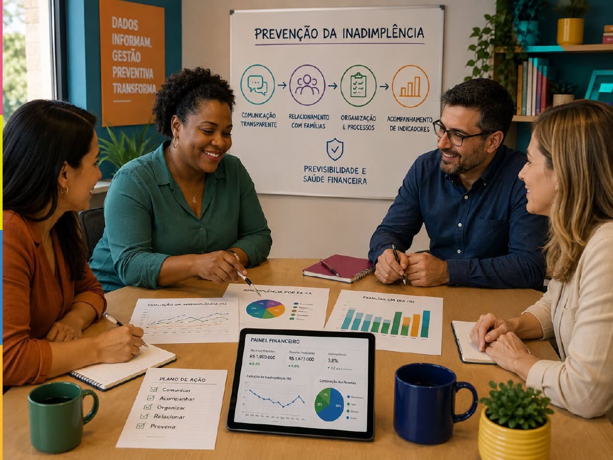 Equipe de profissionais da educação discutindo estratégias de prevenção da inadimplência escolar.