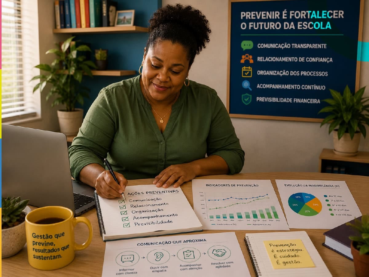 Diretora revisando planejamento escolar com gráficos e anotações, em sua sala, promovendo educação de qualidade e gestão eficiente, pois trabalha para prevenir a inadimplência escolar.