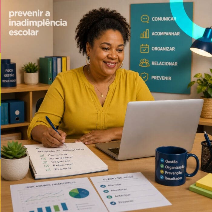 Diretora escolar sorridente usando laptop e anotando estratégias para prevenir inadimplência escolar.