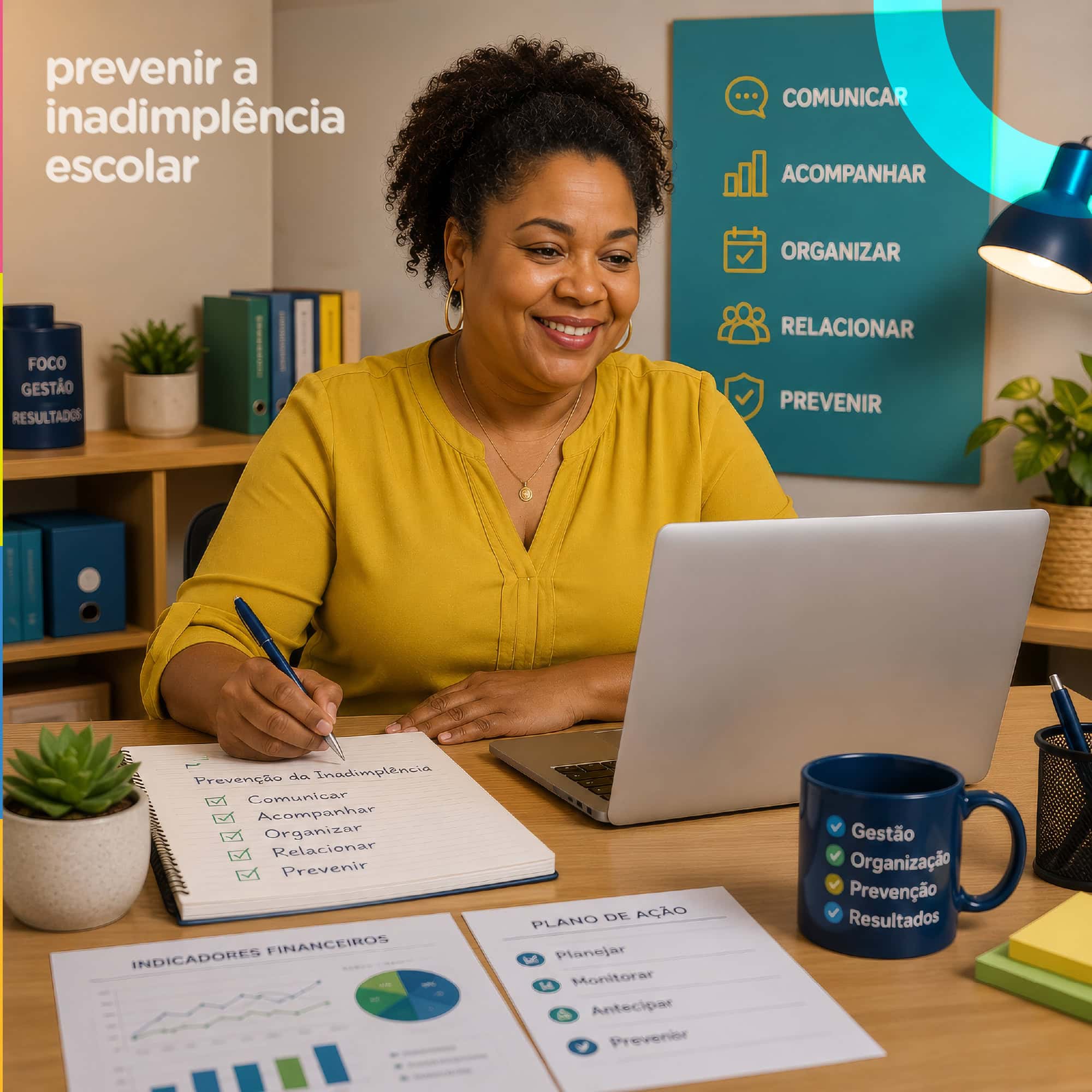 Diretora escolar sorridente usando laptop e anotando estratégias para prevenir inadimplência escolar.