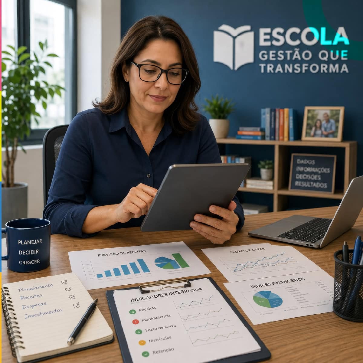 Diretora usando tablet em sua sala com materiais de planejamento e gráficos de desempenho escolar ao redor, promovendo previsibilidade financeira na escola.