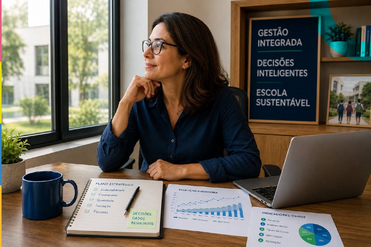 Diretora escolar satisfeita ao analisar dados e gráficos em sua sala com vista para o exterior, pois garantiu a previsibilidade financeira na escola.