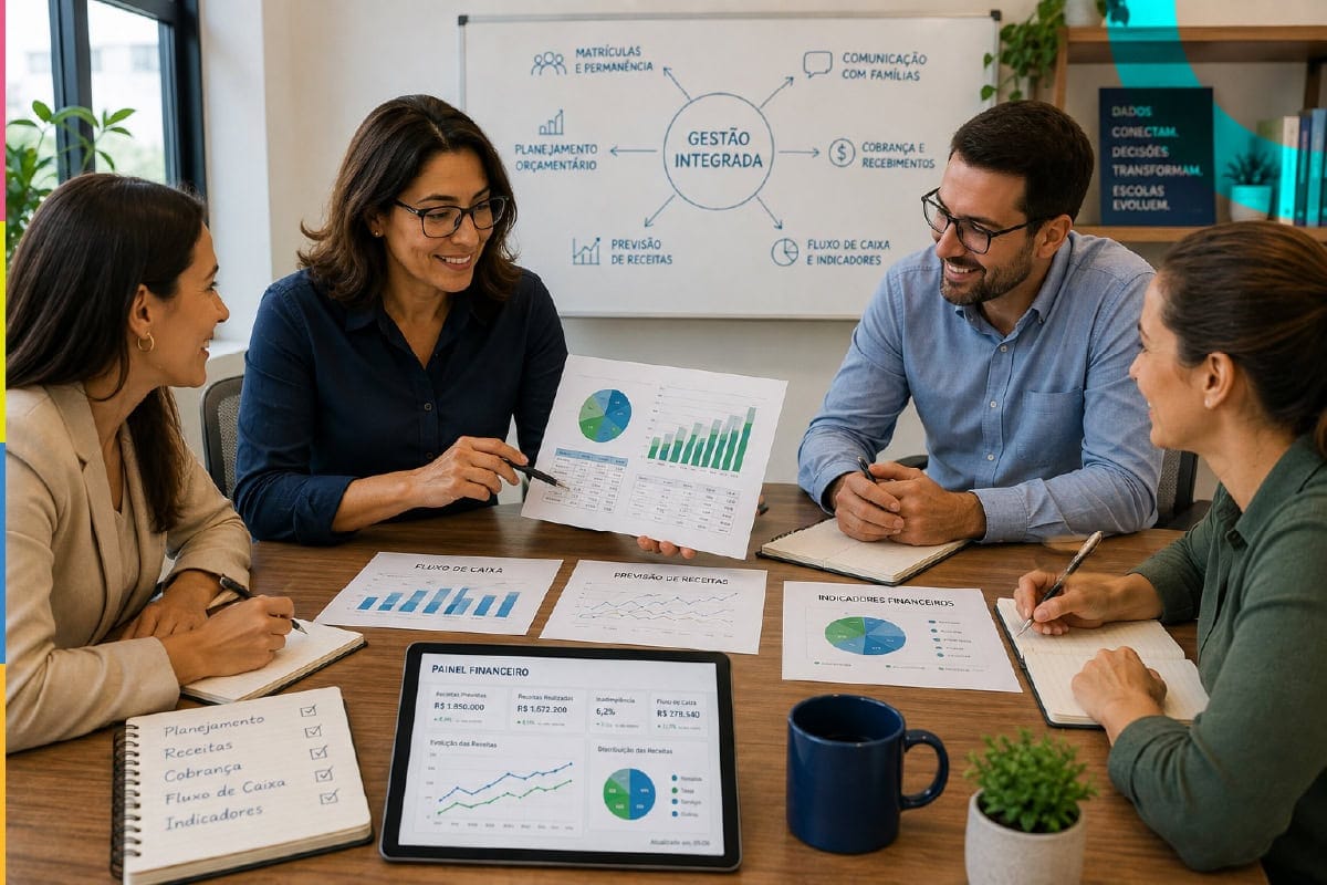 Equipe gestora de uma esccola discutindo estratégias educacionais e análise de dados em reunião para tratar da previsibilidade financeira na escola.
