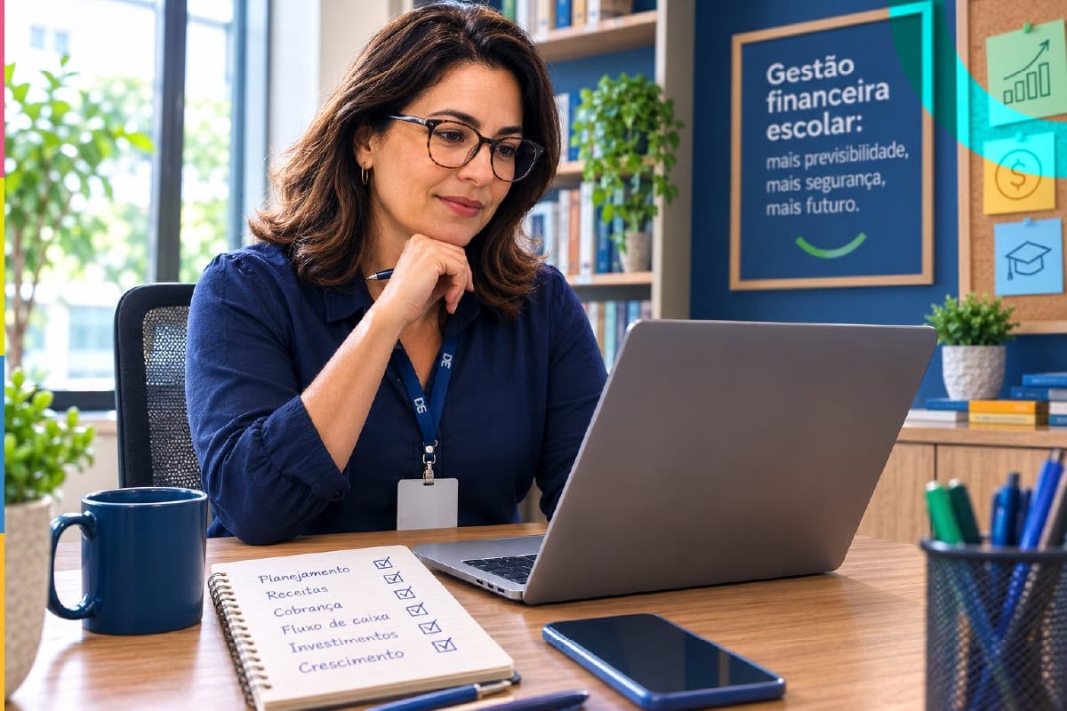 Diretora da escola analisando dados financeiros sobre a previsibilidade financeira na escola, em ambiente escolar com laptop e materiais de escritório.