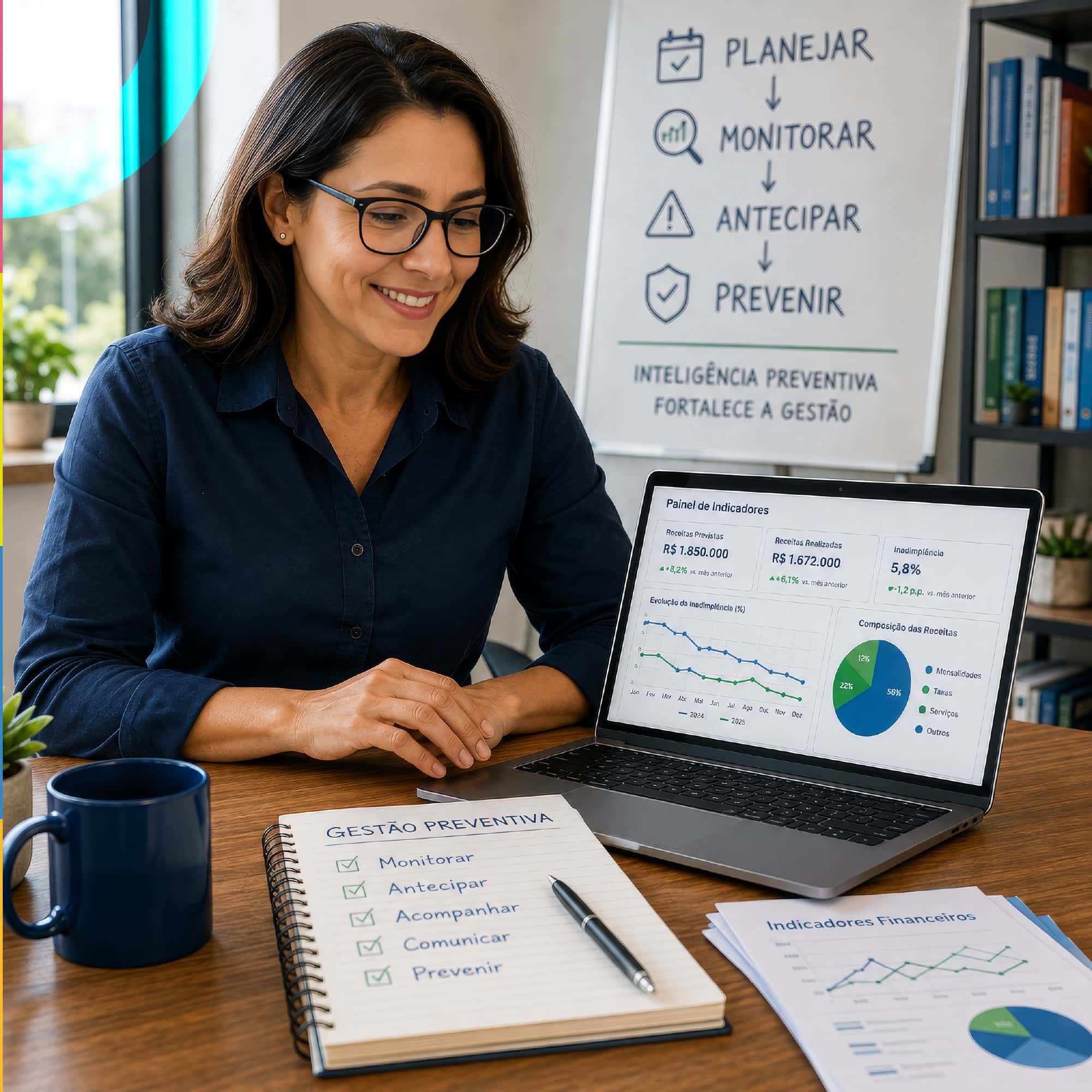 Diretora escolar sorridente analisando gráficos de desempenho financeiro em laptop na sua sala, feliz por constatar a previsibilidade financeira na escola.