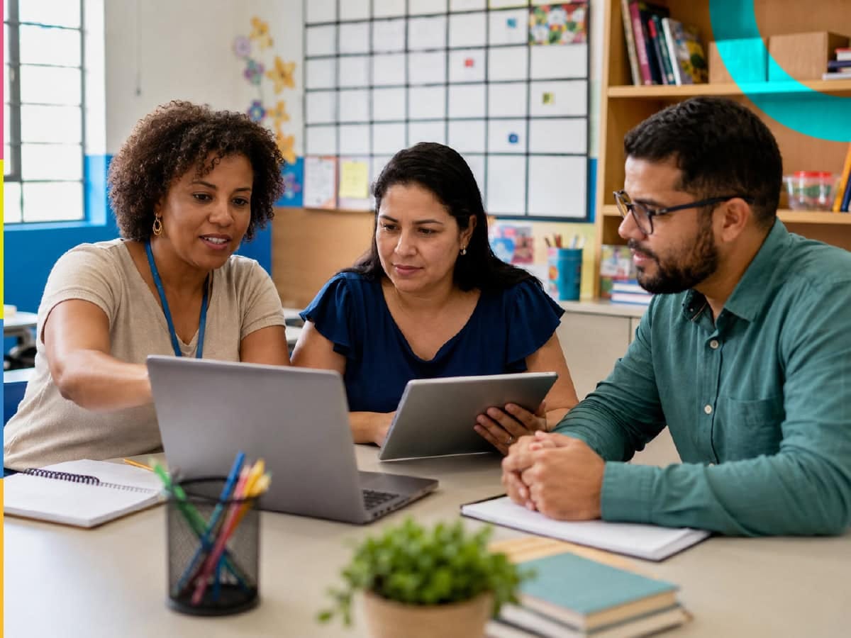 Gestores de uma escola municipal discutindo estratégias de ensino usando laptops e tablets. Tecnologia nas redes municipais de ensino em uma escola pública de Planalto (RS)