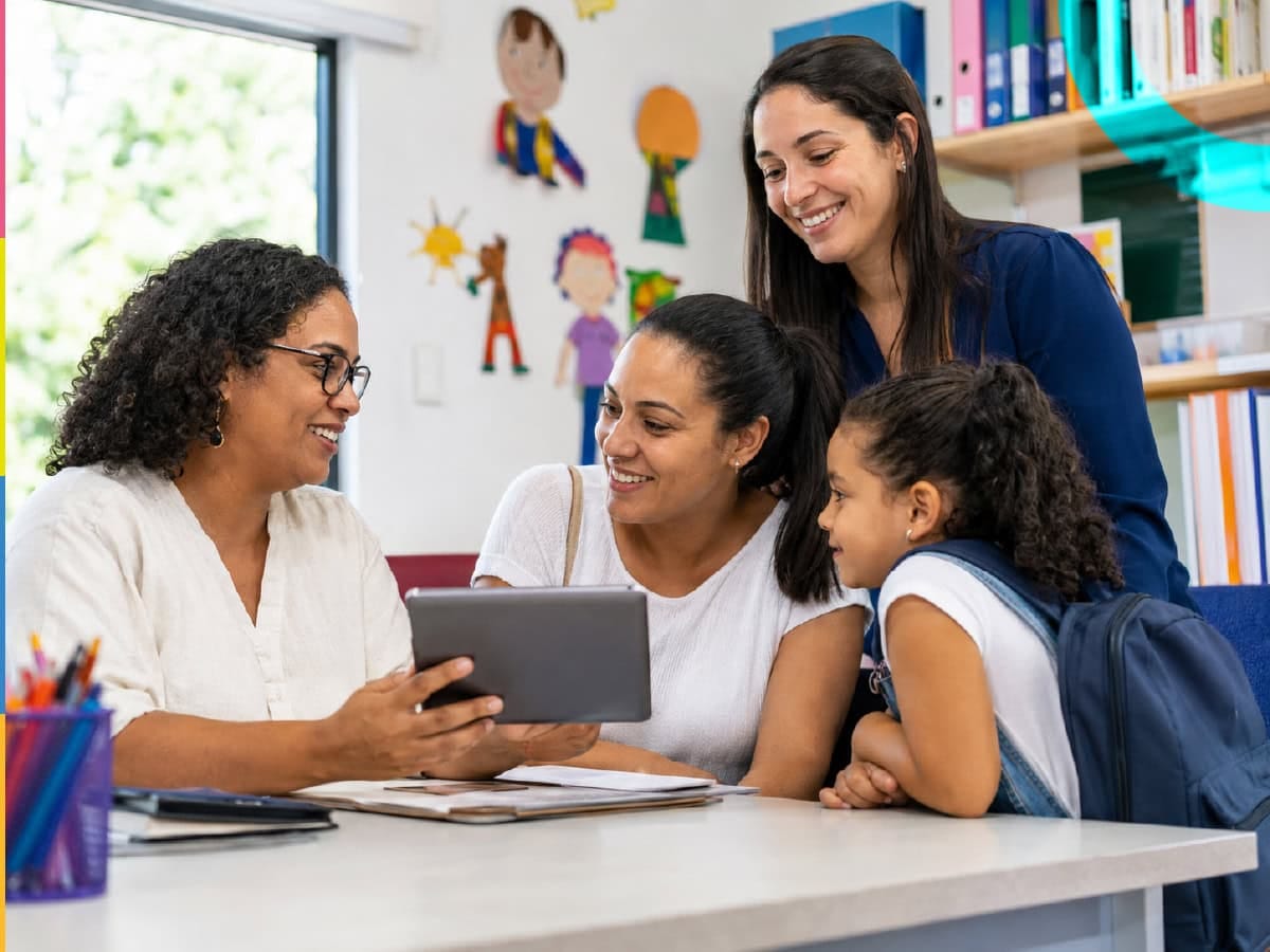 Professoras, estudante e mães interagindo com tablet na sala de aula, promovendo a proximidade entre escola e famílias, além da educação inclusiva e digital. Tecnologia nas redes municipais de ensino em uma escola pública de Planalto (RS).