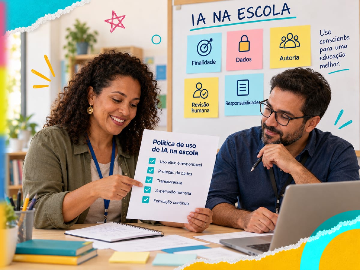 Política de uso de IA na escola exige critérios de privacidade, autoria, segurança e revisão para uso responsável de inteligência artificial.