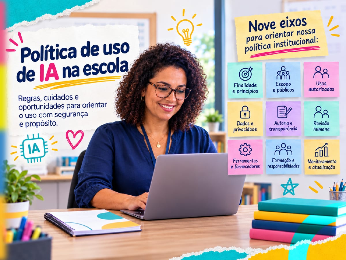 Política de uso de IA na escola exige critérios de privacidade, autoria, segurança e revisão para uso responsável de inteligência artificial.