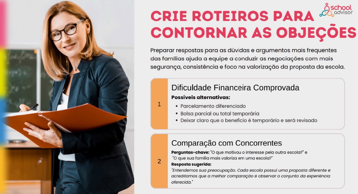Roteiros para padronizar descontos nas objeções de dificuldade financeira comprovada e de comparação com outras escolas