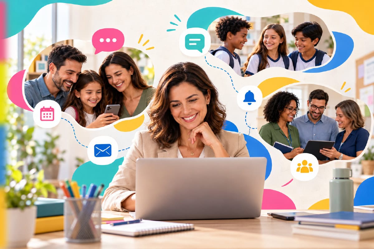 A gestão escolar organiza a comunicação escolar com famílias, estudantes e comunidade em um só sistema.