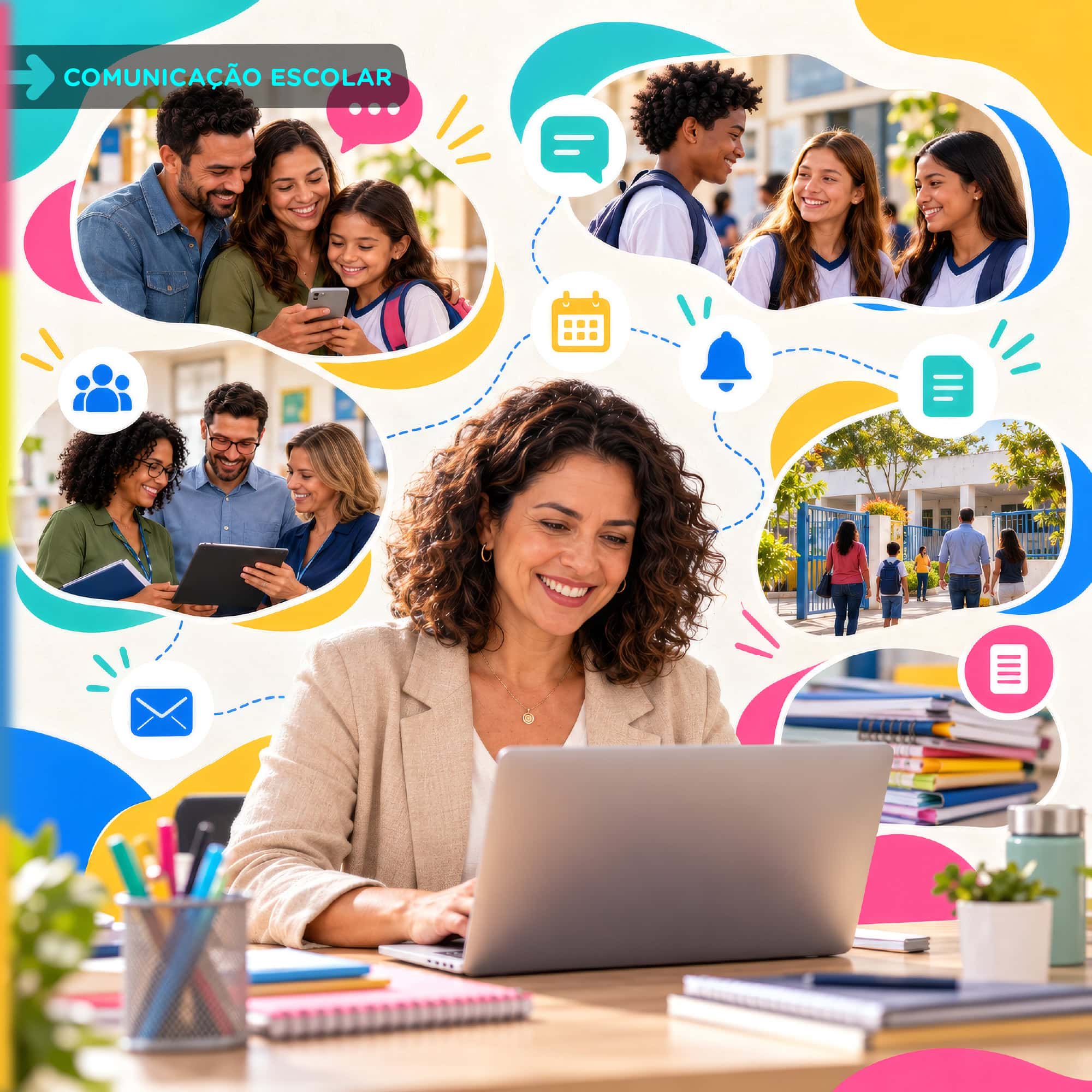 A gestão escolar organiza a comunicação escolar com famílias, estudantes e comunidade em um só sistema.